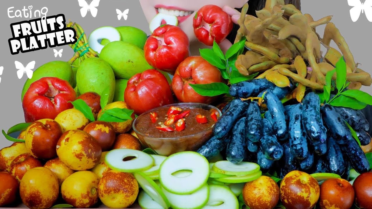 ASMR FRUITS PLATTER(SOUR MANGO , TAMARIND , persimmon apple , WATER APPLE ,FINGER GRAPES)| LINH-ASMR