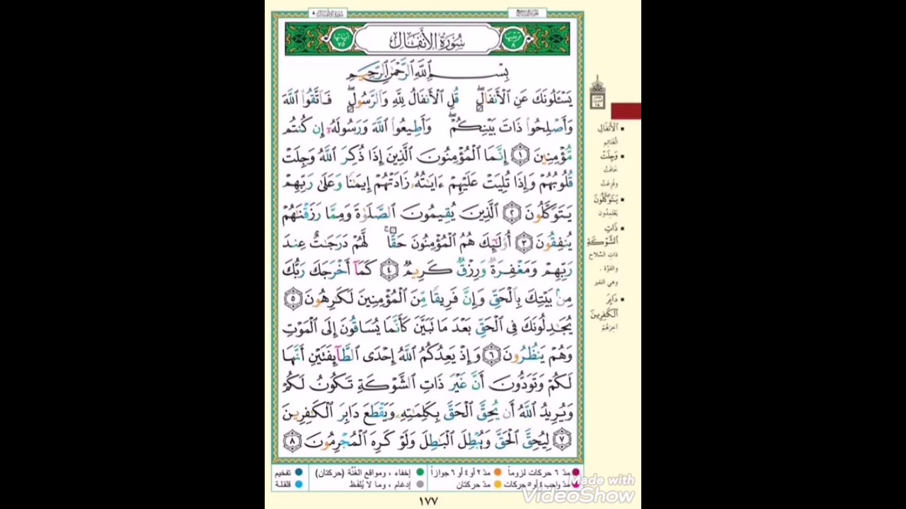 صفحة ١٧٧ سورة الانفال ( يسألونك عن الأنفال قل الأنفال لله والرسول..) مكررة عشر مرات