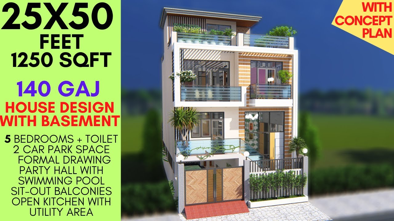 25x50 | 1250 Sqft, 5 BHK House Design with Semi Basement | Pool & Party Hall | 140 Gaj | ID-231