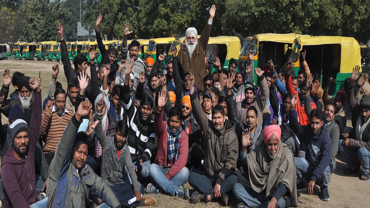 Auto-rickshaw drivers protest against the Chandigarh traffic police in Mohali on Monday