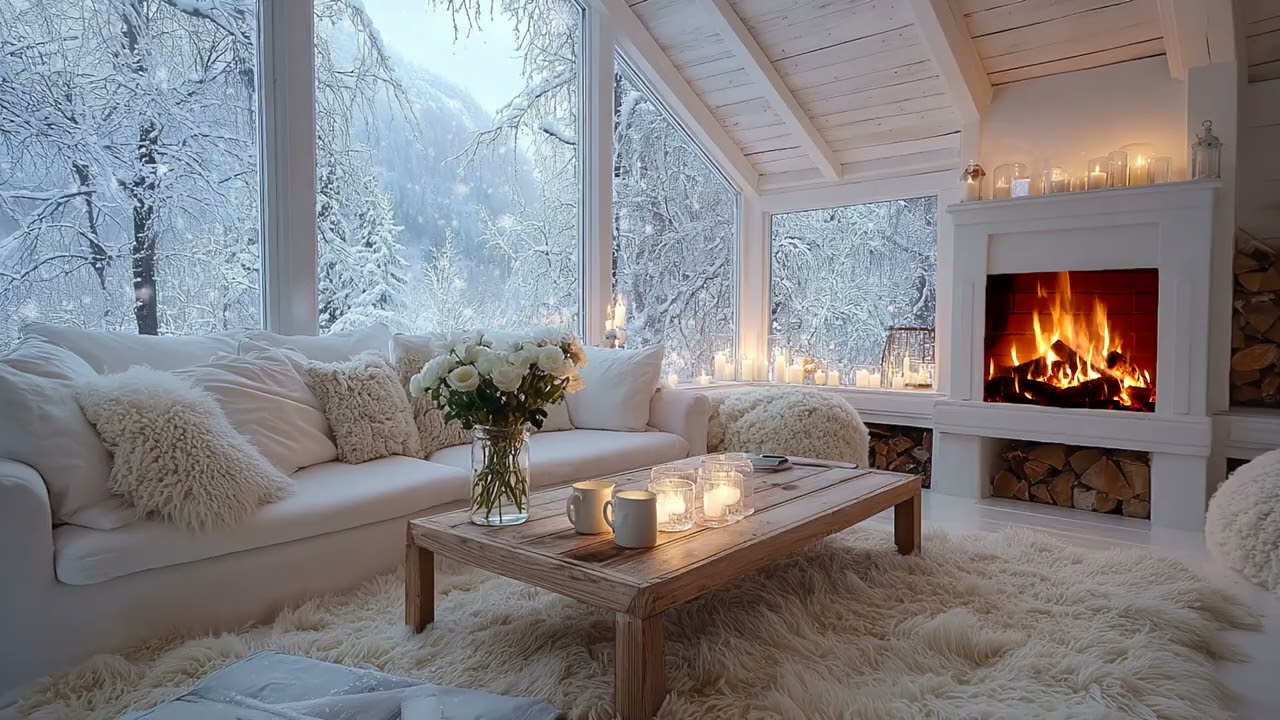 🪷🎼 Cozy Winter White Piano Room with Gentle Fire Glow for 3 Hours of Inner Healing Calm
