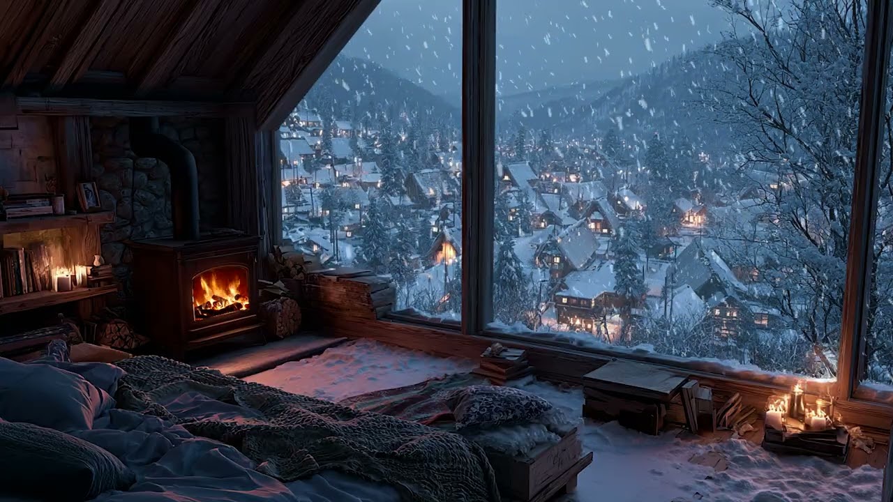 A Gentle Winter Night Seen from a Warm Bedroom | Soft Sounds of Snow and Wind for Relaxation