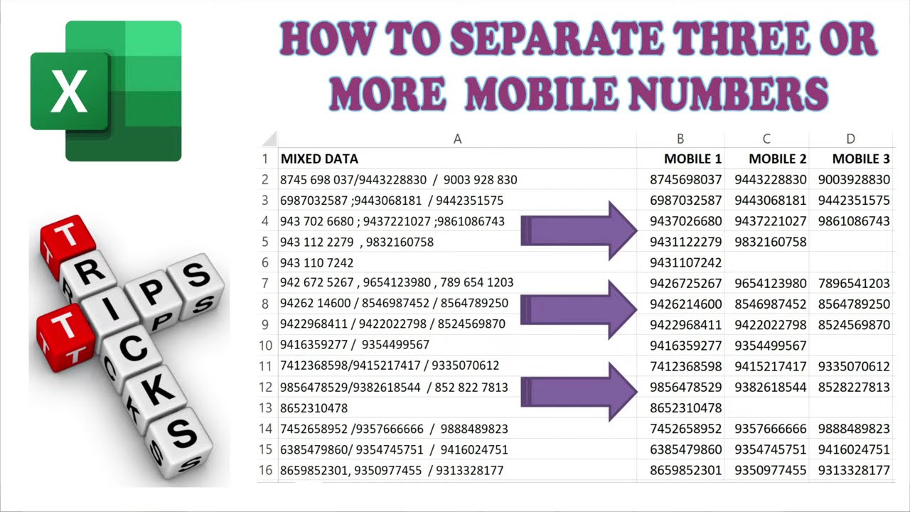 How to separate three, four, five or more mobile numbers from single cell in microsoft excel