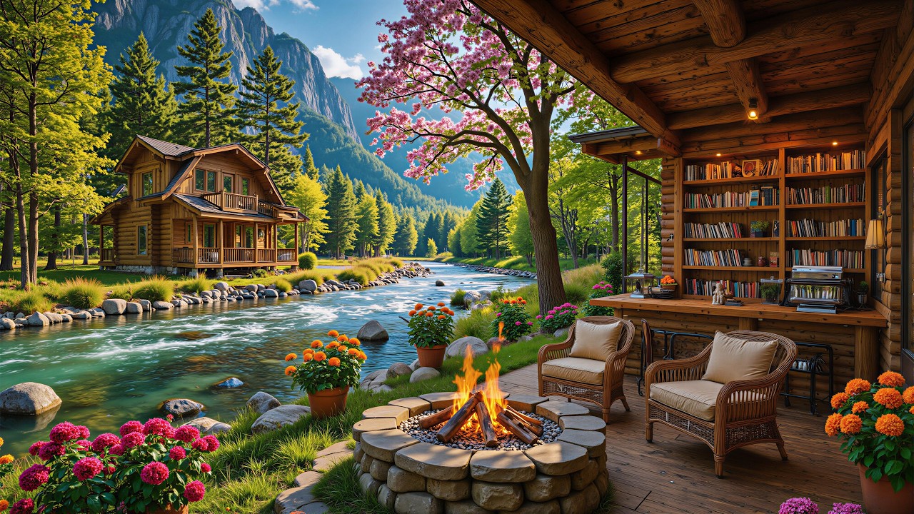 Relaxing Riverside Cabin with Spring Piano Music 🌺🌿 Flowing River, Campfire and Birdsong