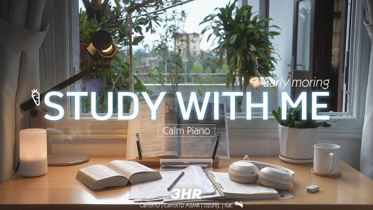 3-HOUR STUDY WITH ME | Calm Piano 🎹, Background noises | Pomodoro 25-5 | Early Morning