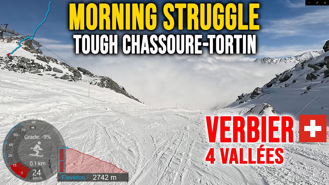 [4K] Skiing Verbier, Morning Struggle - Tough Chassoure-Tortin, 4Vallées Switzerland, GoPro HERO13