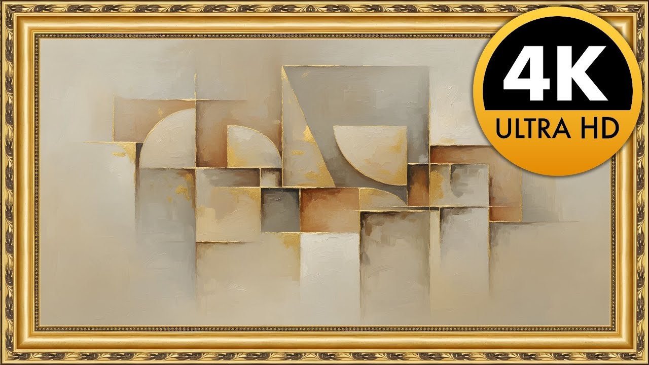 Luxury Abstract Geometric Oil Painting in Gold Frame | Modern TV Art 4K