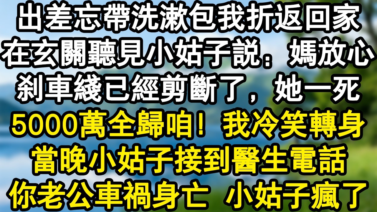 出差忘帶洗漱包我折返回家，在玄關聽見小姑子說：媽放心，刹車線已經剪斷了，她一死5000萬全歸咱！我冷笑轉身，當晚小姑子接到醫生電話：你老公車禍身亡了！小姑子瘋了。#家庭故事 #生活經驗 #為人處世