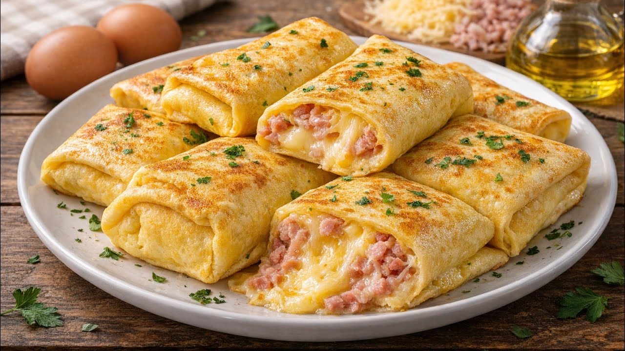 Яичные конвертики с сыром и ветчиной. 