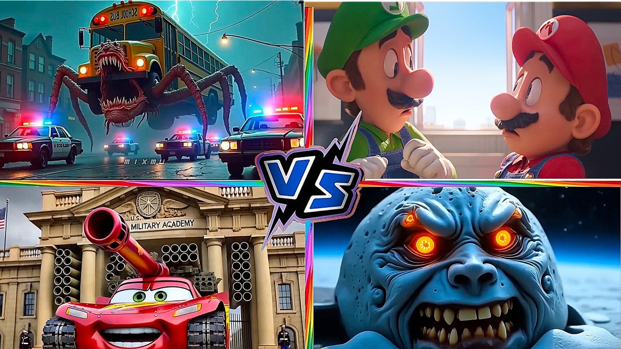 School Bus Monster VS McQueen Tank VS Super MARIO VS LUNAR MOON Tiles Hop EDM Rush 15