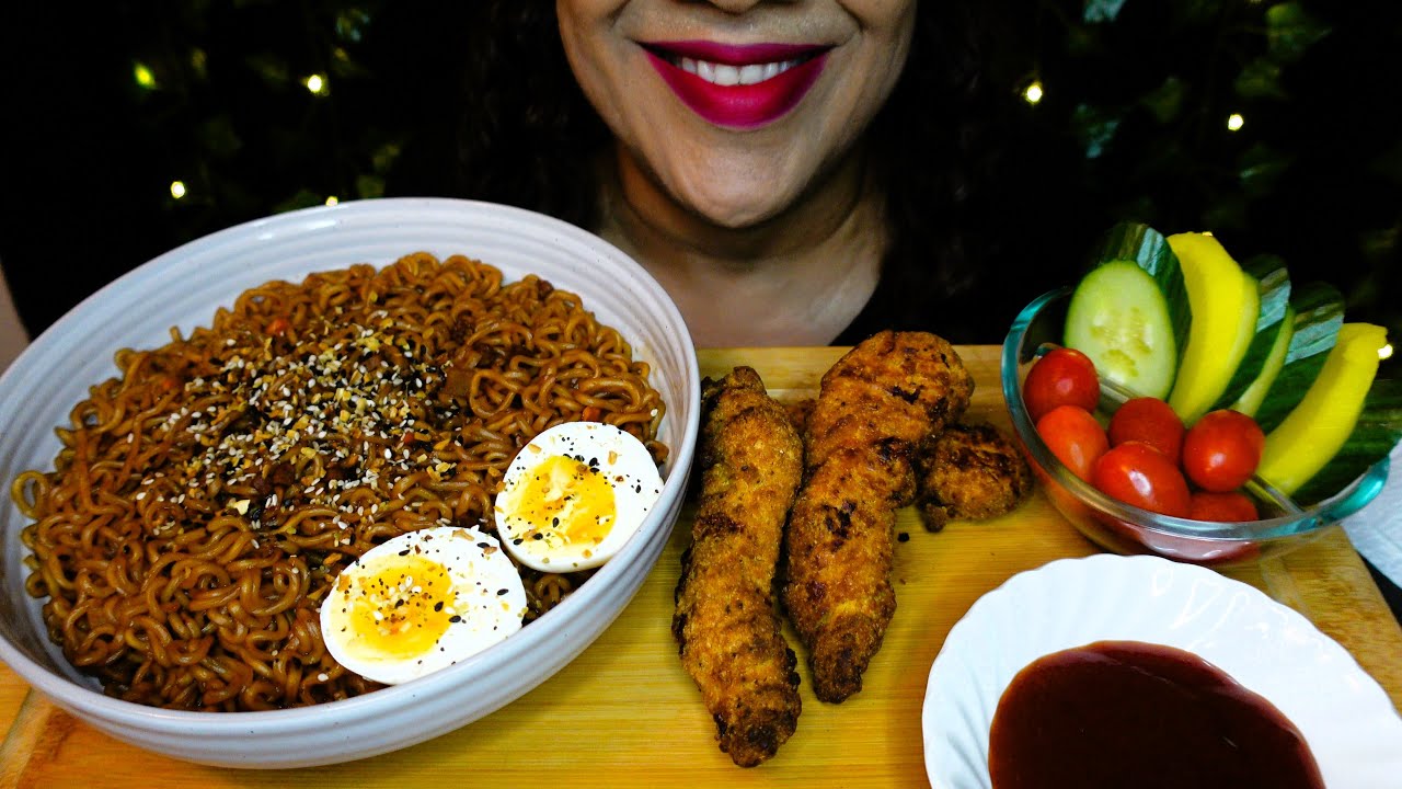 ASMR Chicken Strips & Black Bean Noodles & Egg | Eating Sounds | No Talking