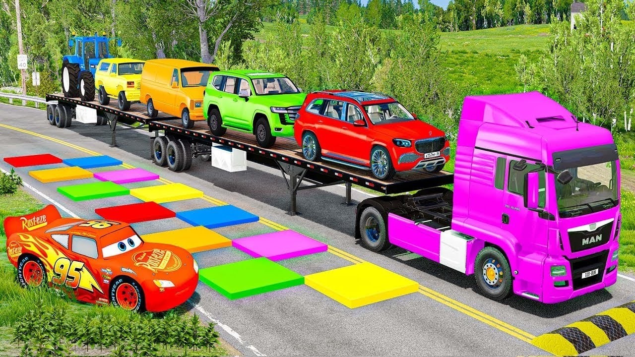 Flatbed Truck McQueen | Transportation with Truck - Pothole vs Car #0138