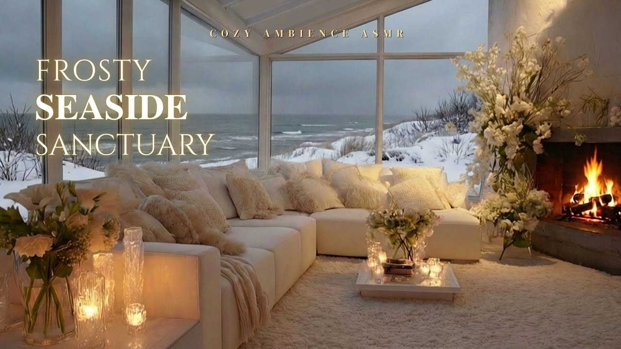 Frosty Seaside Sanctuary ❄️ Fireplace Crackle & Winter Waves for Stress Relief and Deep Rest