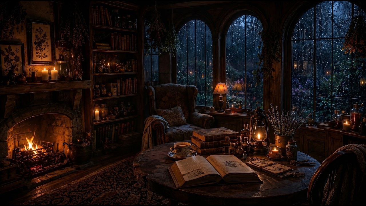 Rainy Witch Reading Room at Moonwillow Cottage | Cozy Rain & Fireplace Ambience