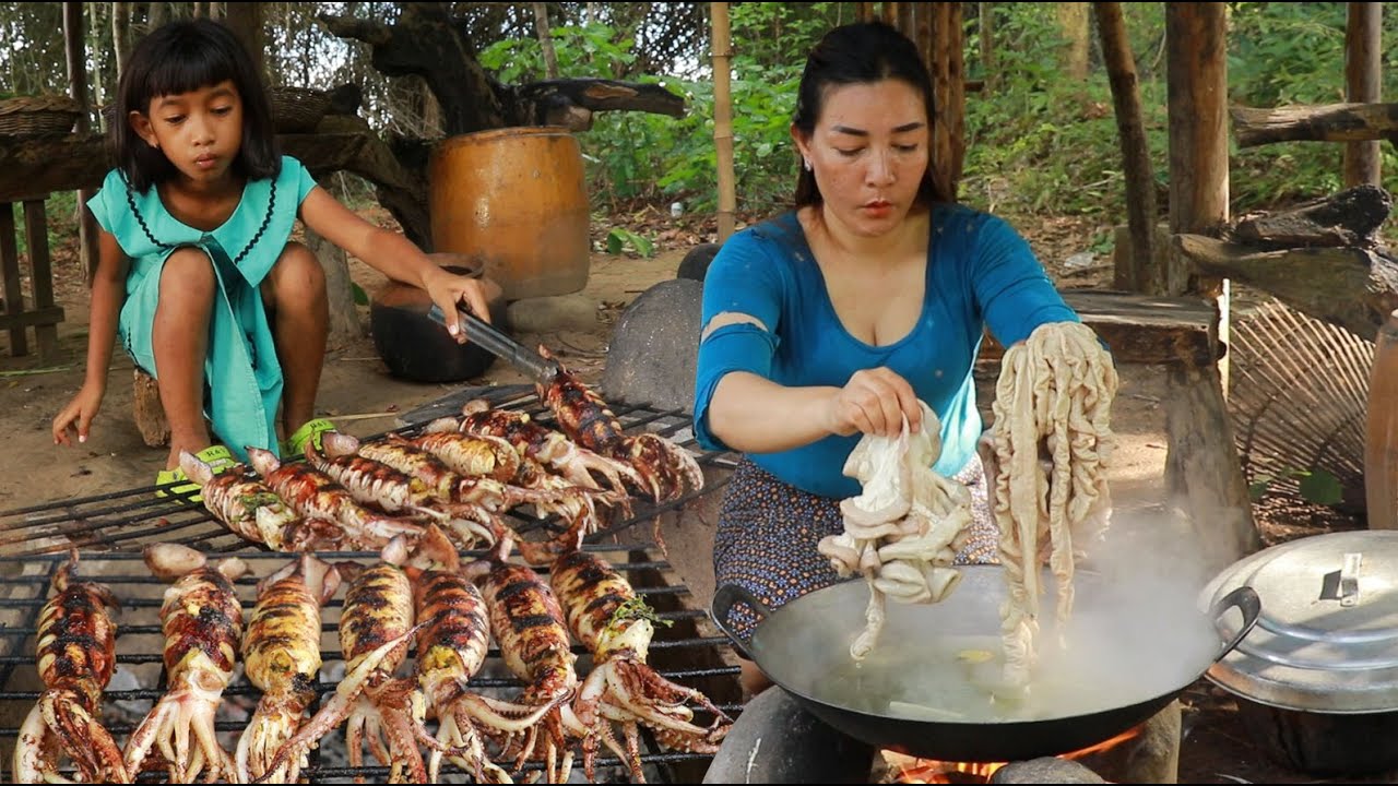Roasted squid recipe and cooking pig intestine for special +5food cook and eat