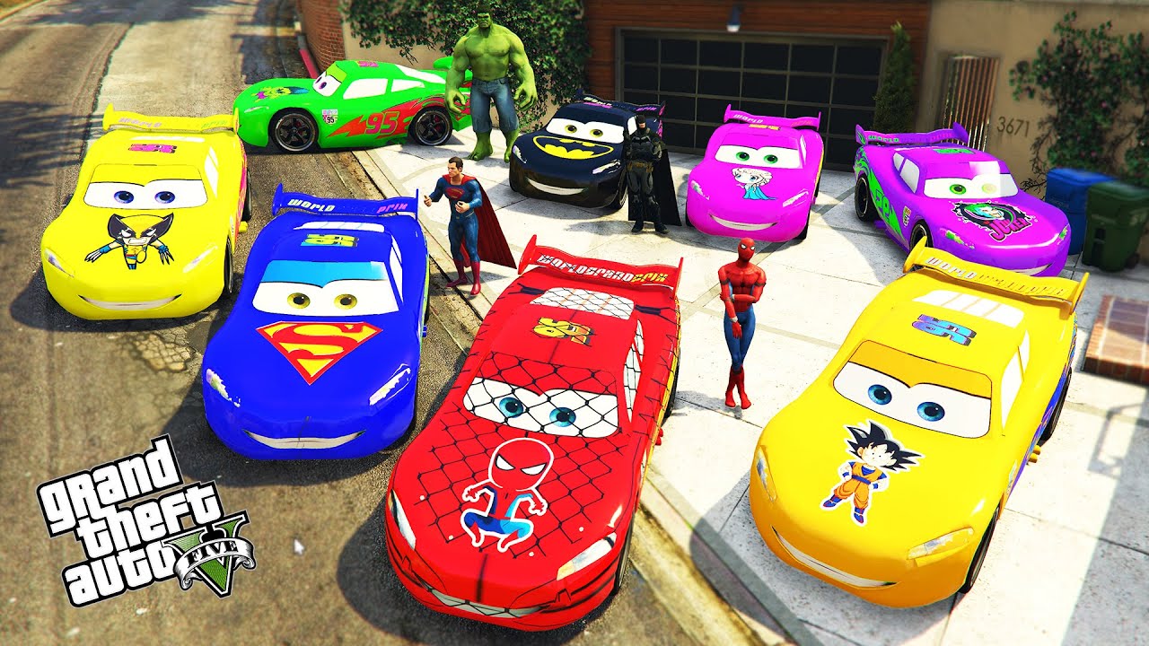 GTA 5 - Stealing SuperHero's MCQUEEN CARS with Franklin! (Real Life Cars #148)