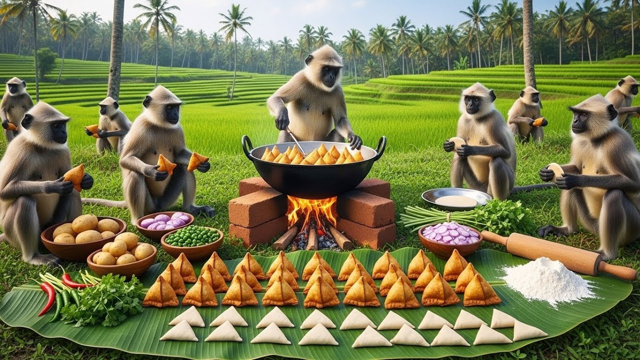 सभी बंदरों ने मिलकर समोसे और चटनी बनाई।| All Monkeys made samosas and chutney  together