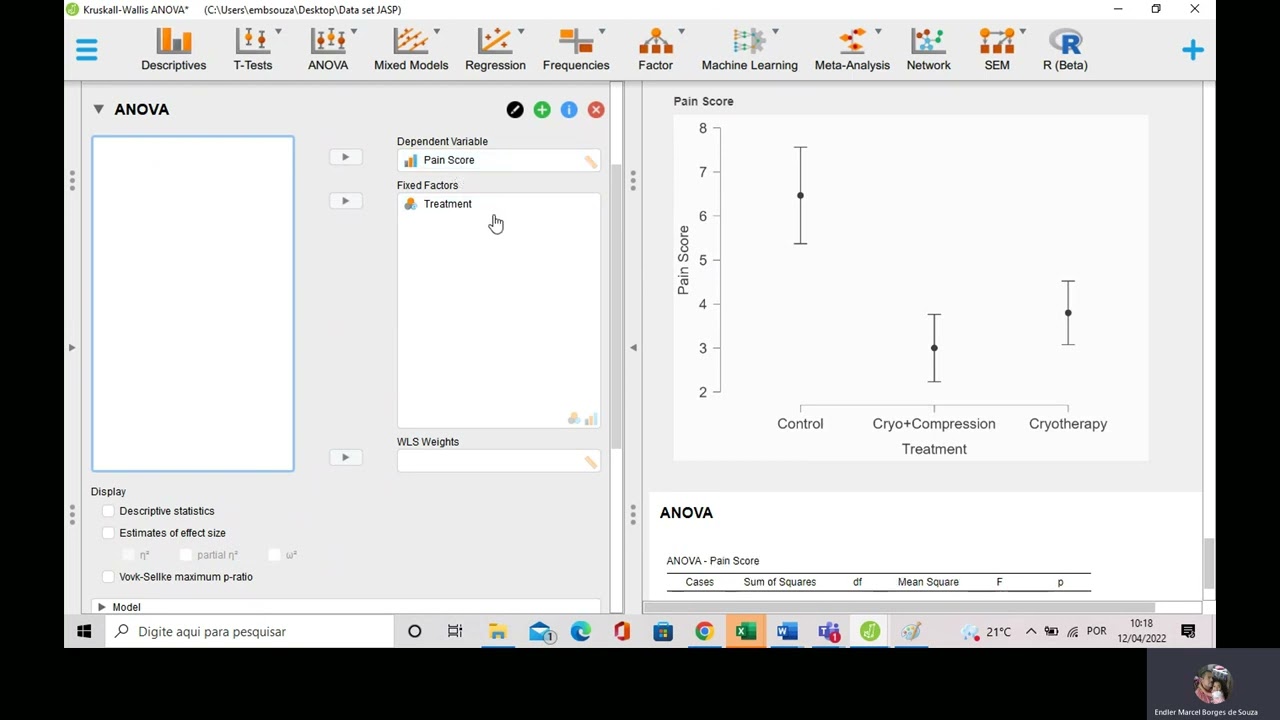 teste de KRUSKAL-WALLIS (ANOVA não paramétrica) com o JASP