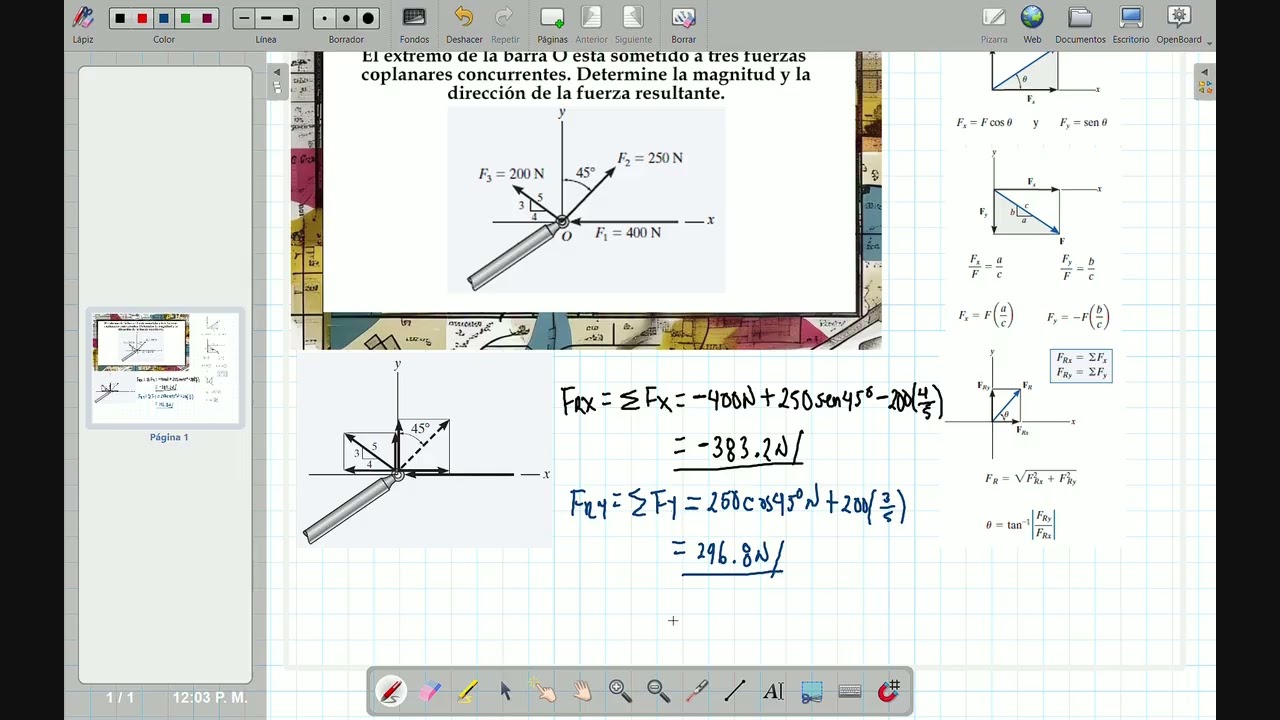 Mecánica Vectorial Estática, sistema de fuerzas coplanares, magnitud y dirección de la fuerza total.