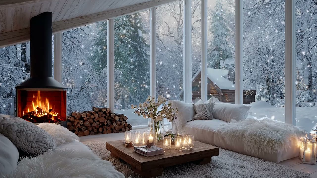 Snowy Piano Lounge Ambience | White Flowers and Fireplace Glow 3 Hours Calm