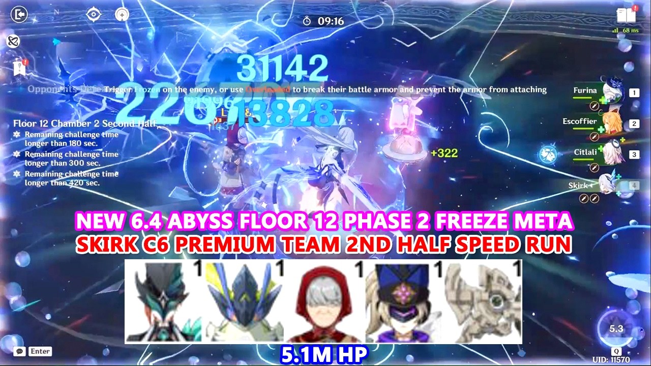 New 6.4 Abyss Floor 12 Phase 2 Freeze Meta : Skirk C6 Premium Team 2nd Half Speed Run
