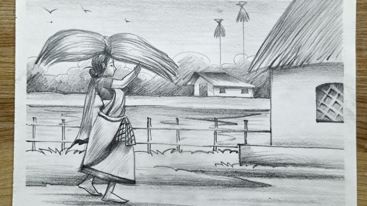 a village scenery drawing গ্রামের দৃশ্য আঁকা pencil drawing and shading/scenery drawing easy steps