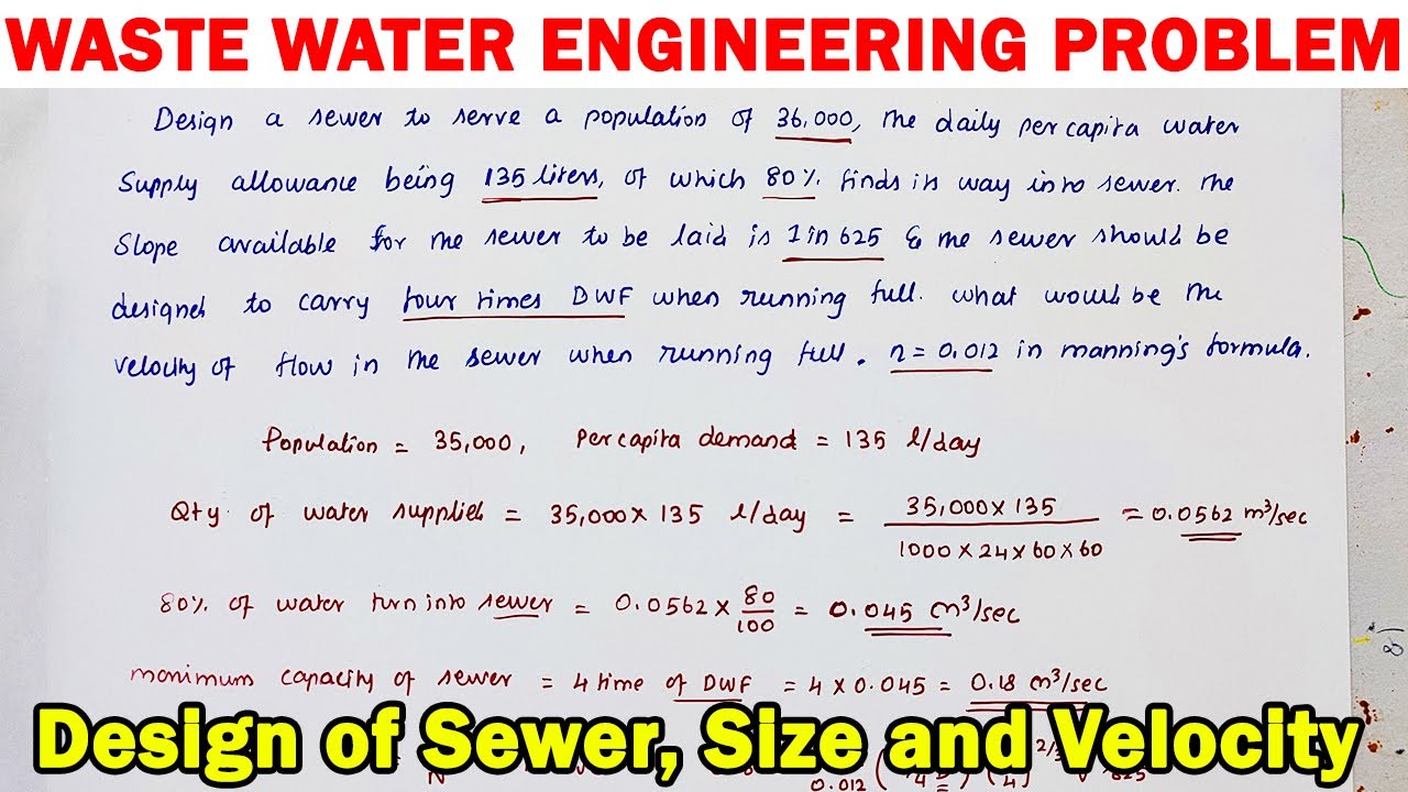 design of sewer, Quantity of sewage in combined sewer Problem, sewer size and velocity calculation