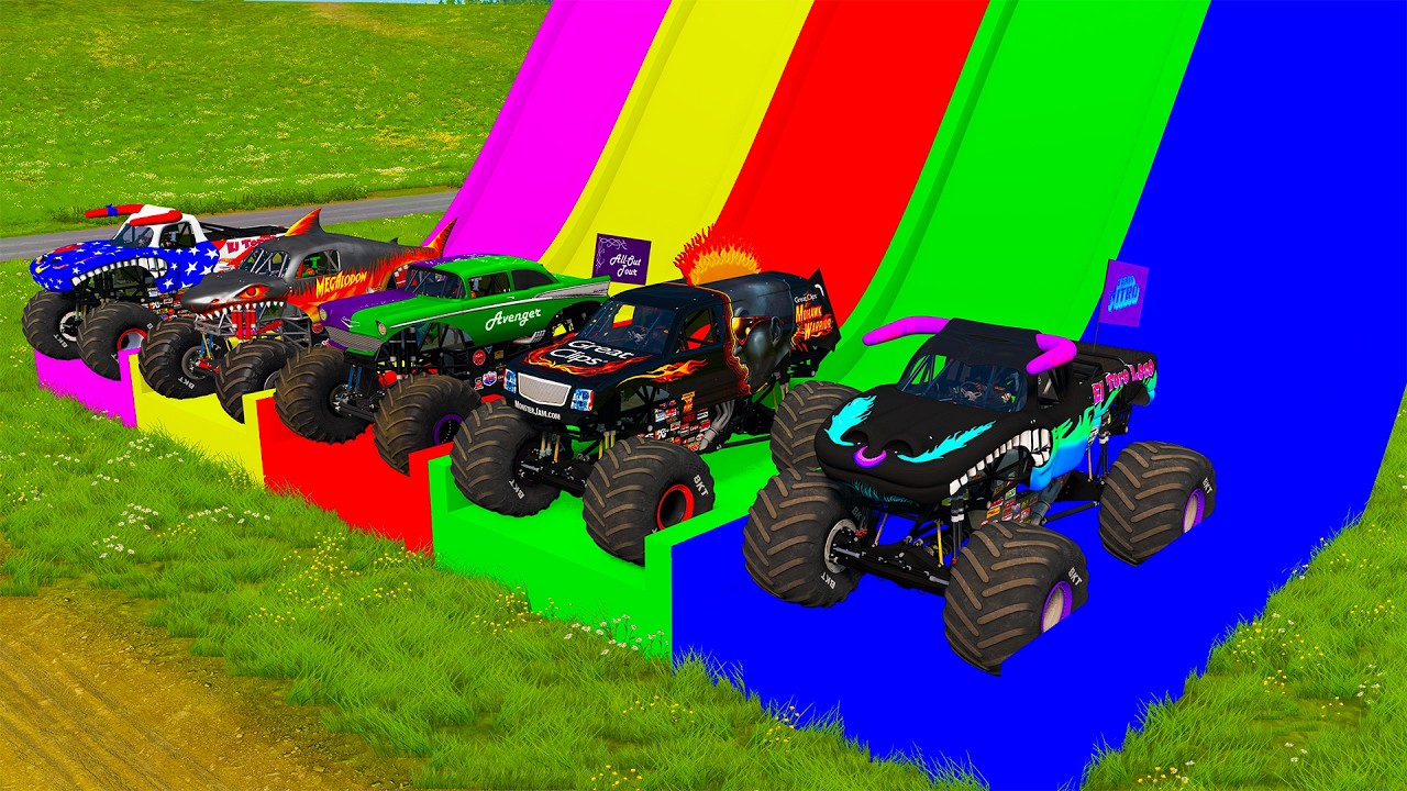 Double Flatbed Trailer Monster Trucks Transport with Slide Color - Cars vs Speed bump - BeamNG #130