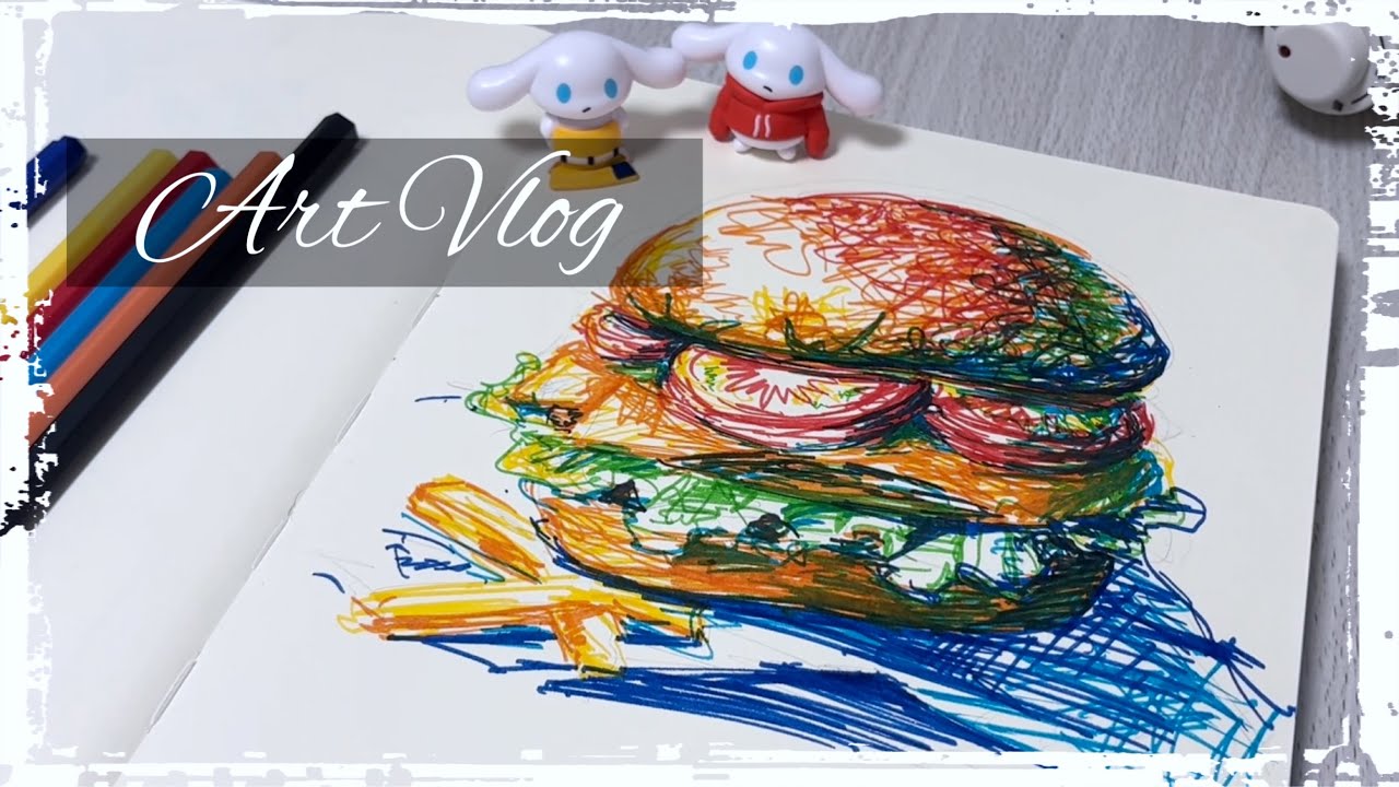 【Art Vlog】ハンバーガー描きながら、体調崩しすぎて肺年齢57歳だった話。｜無印良品文具｜イラストメイキング｜20代都内一人暮らし