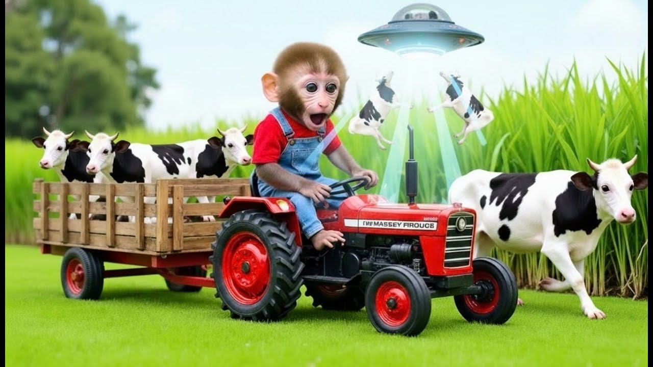 🐵🚜 Monkey NaNa Drives Her Tractor – From UFO Attack to Harvesting Grass for Her Herd! 👽🐮 MONKEY LIFE