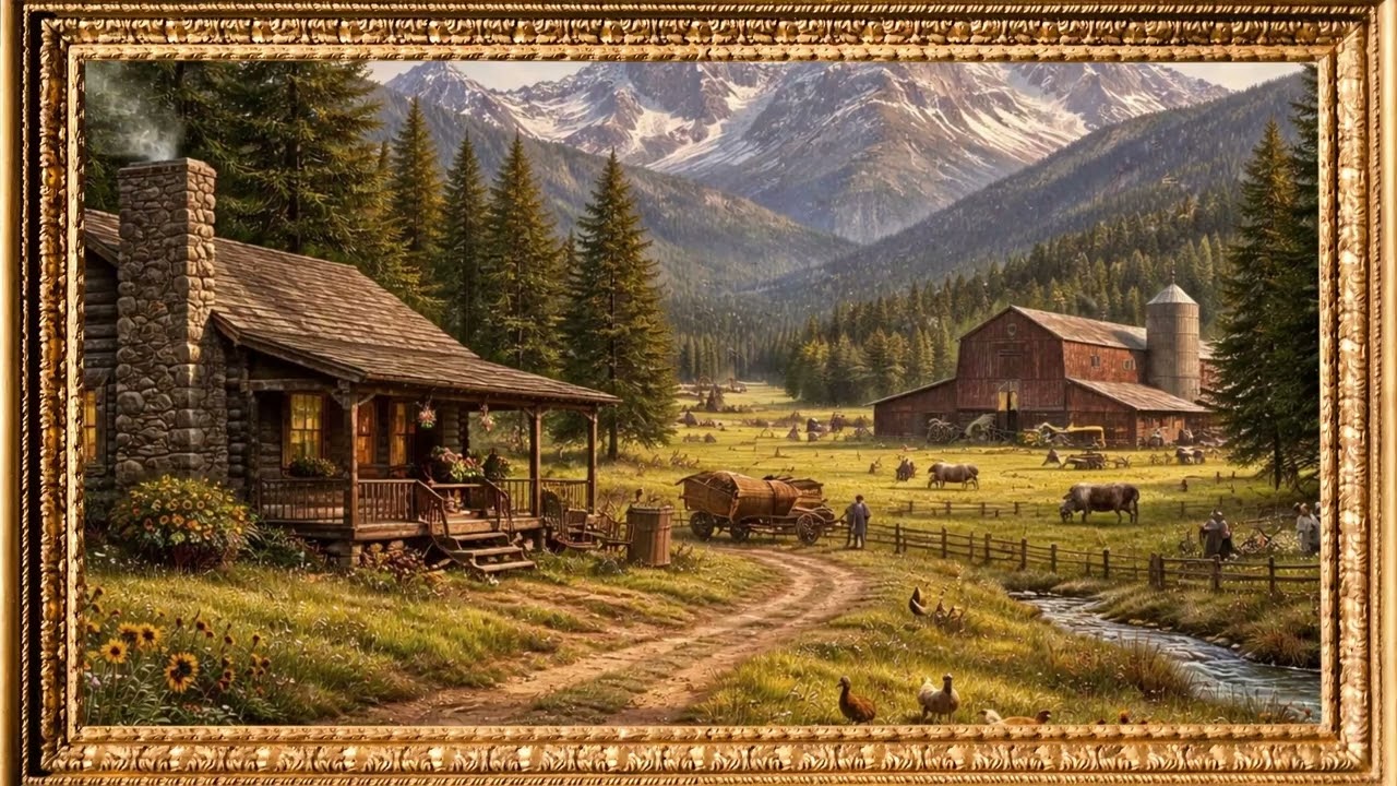 1900s Farm in Valley Framed Painting Wall Art
