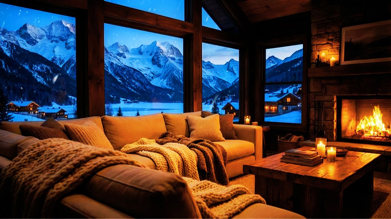 Cozy Cabin Fireplace ❄ Blizzard Outside | Crackling Fire & Winter Storm Ambience