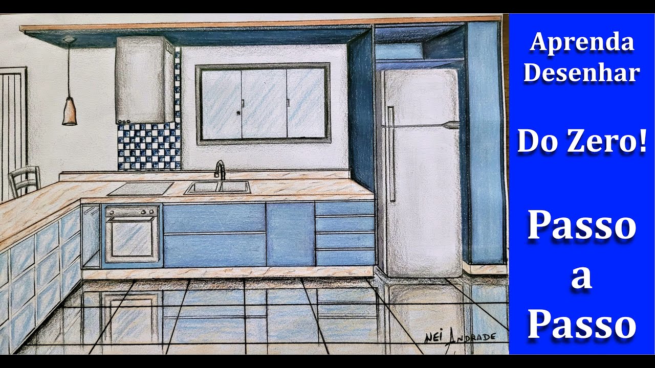 Como Desenhar Cozinha planejada com tijolos de vidro. Passo a Passo.