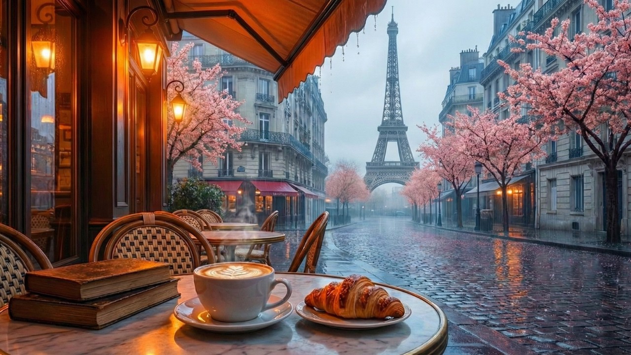 Relaxing Spring Rain in Paris Cafe ☔ Cozy Jazz Music & Rain Sounds for Study, Focus