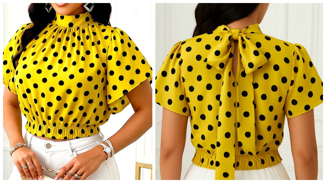 How to Cut and Sew A Gathered Neckline Crop Top with Elastic waist Band and Bow Collar