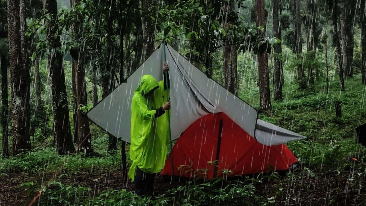 SOLO CAMPING HEAVY RAIN • THUNDERSTORM • RELAXING CAMPING IN THE FOREST • ASMR