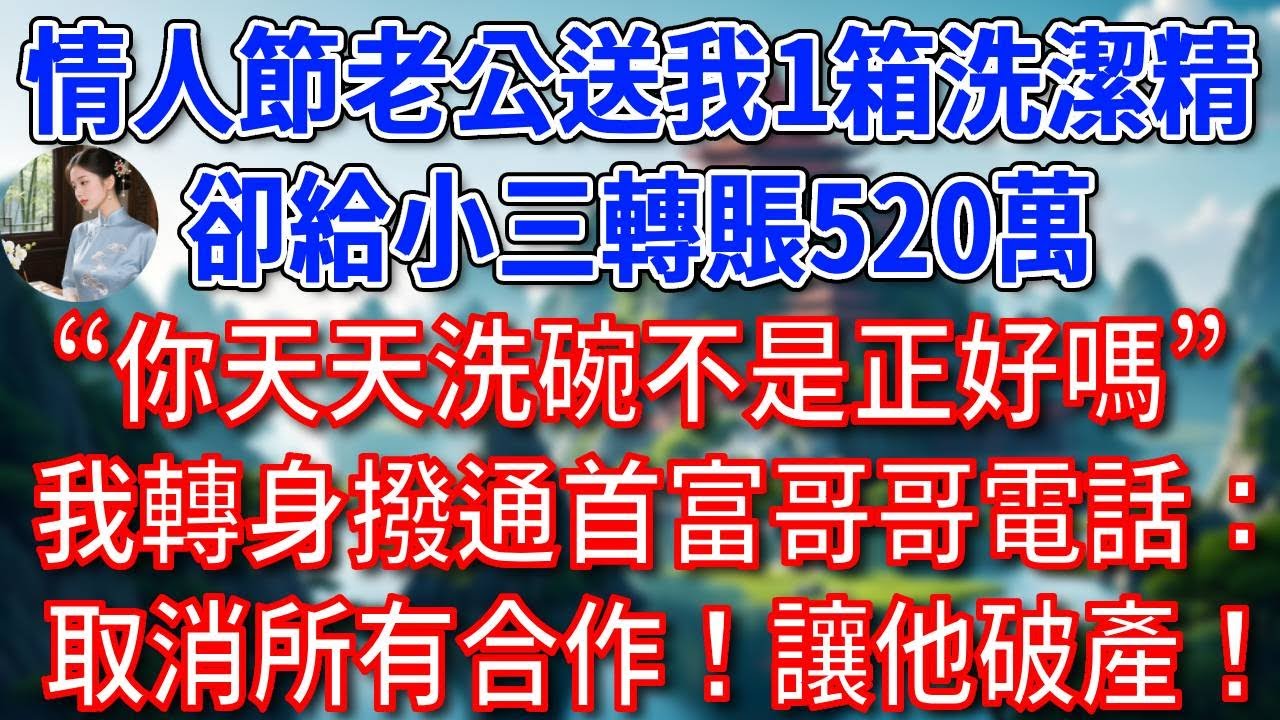 情人節老公送我1箱洗潔精，卻給小三轉賬520萬，“無理取鬧什麼，你天天洗碗不是正好嗎”，我轉身撥通首富哥哥電話：取消所有合作！隔天顧氏破產他瘋了！#為人處世#生活經驗#故事#小說#戀愛#情感#婚姻