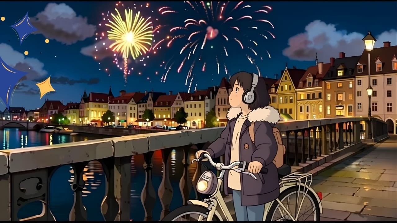 🎆 Cozy Night Ride ASMR | Fireworks by the River 🌙 Soft Ambience for Study, Focus & Relax