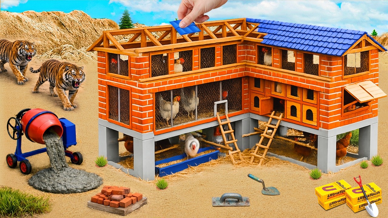 Tiger Attack! DIY Mini Tractor Builds a Strong Two-Story Brick Chicken Coop | Mini Construction