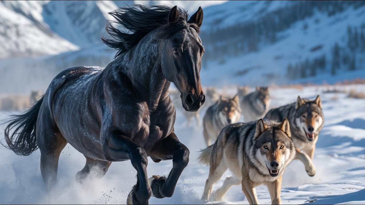 Black Wild Horse Chased by Alpha Wolves in the Snowy Mountains