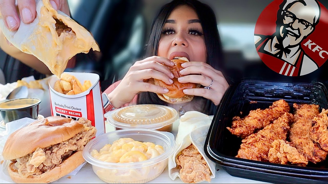 ASMR CAR MUKBANG KFC CRISPY CHICKEN SANDWICH, CHEESY CLASSIC WRAP, MAC N CHEESE, SPICY FRIES,TENDERS