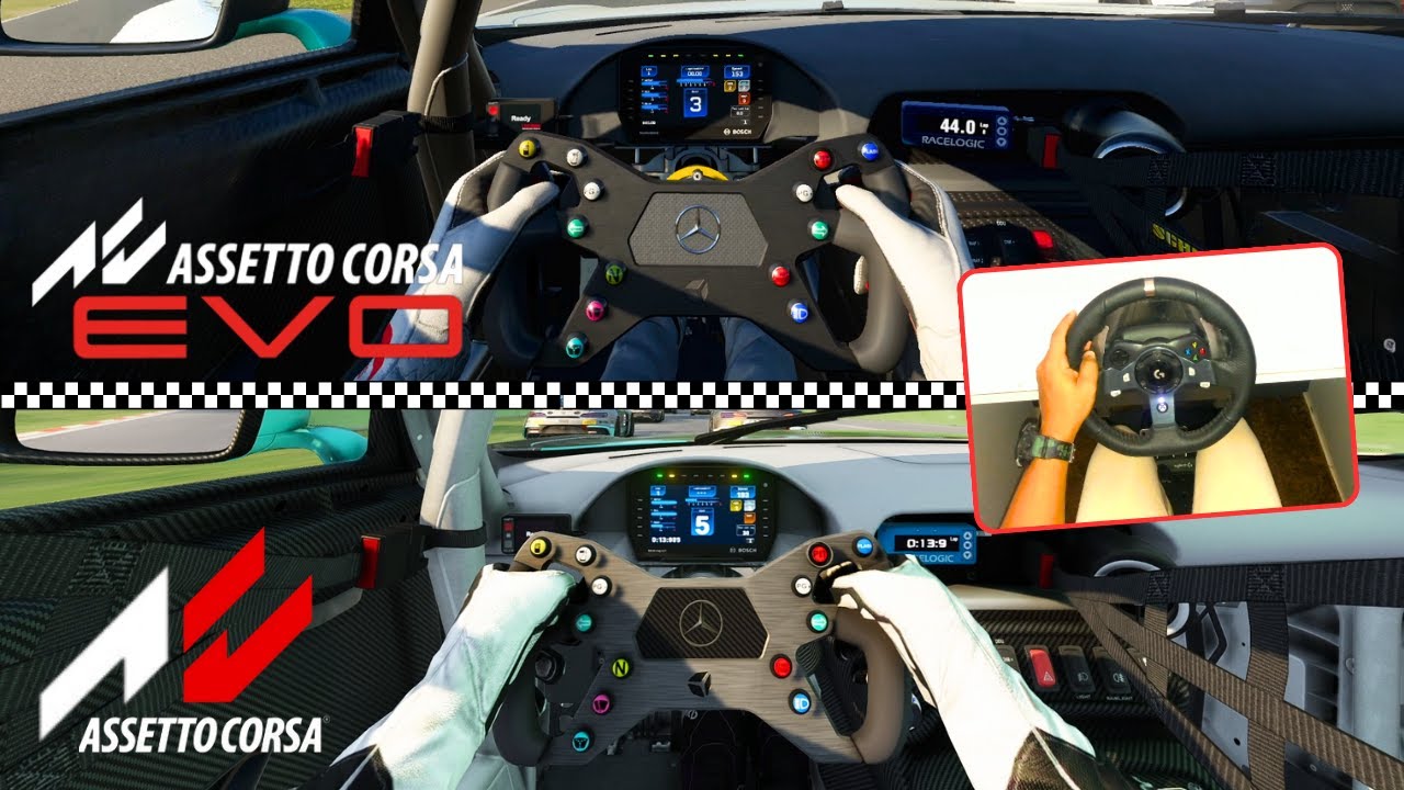 Assetto Corsa EVO vs Assetto Corsa at Imola circuit with a Mercedes AMG GT2 | Logitech G920