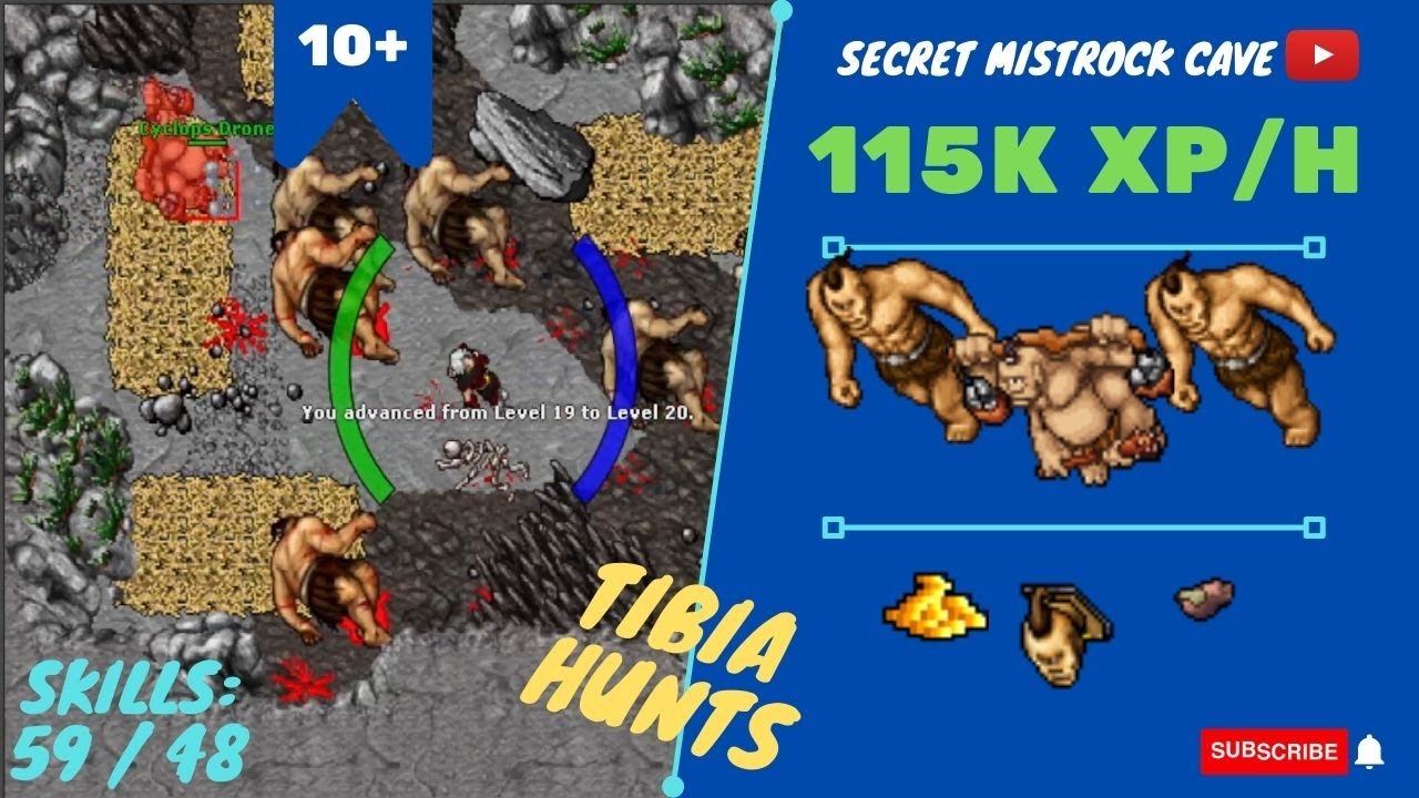 RP SOLO LVL 10+ 115K XP/H - SKILLS 59/48 - secret mistrock Cave - TIBIA HUNT