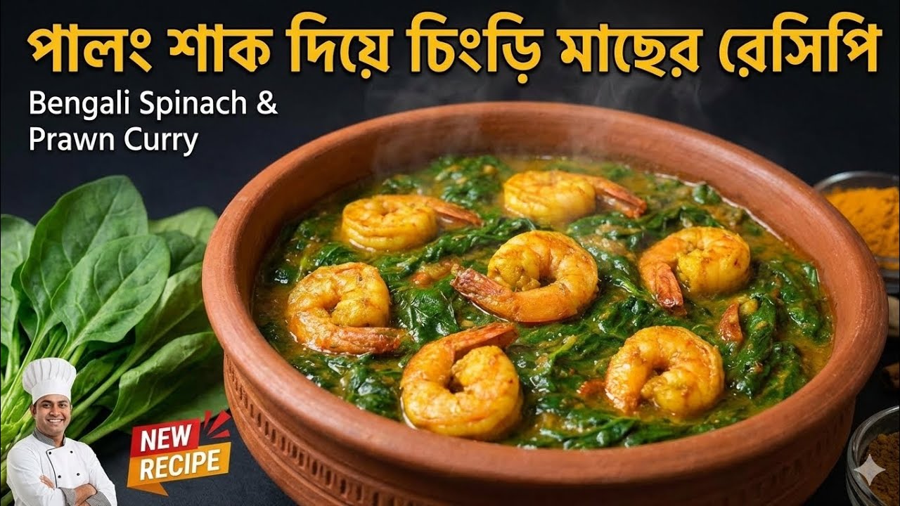 পালং শাক দিয়ে চিংড়ি মাছের রেসিপি |Spinach Prawn Curry | Palong Shak Diye Chingri Mach