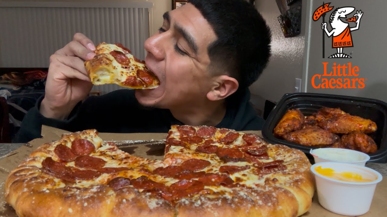 Little Caesars Stuff Crazy Crust Pepperoni Pizza + Buffalo Wings Mukbang
