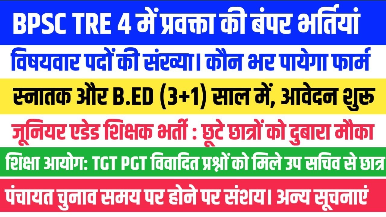 ITEP टीचर प्रोगाम 2026 आवेदन शुरू।‌BPSC TRE 4 प्रवक्ता में बंपर भर्ती। JUNIOR AIDED DV । अन्य सूचनाए