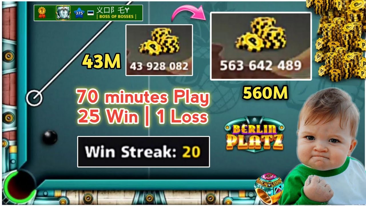 20 Win Streak  in BERLIN 😳 | From 40m to 560M Coins| 25 Wins 1 Loss - OMG 🔥 8 ball pool