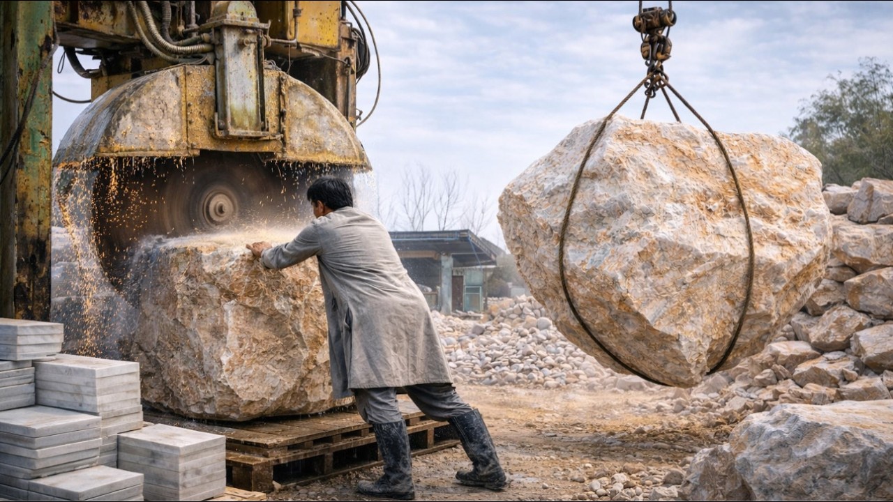 Wonderful Giant Stone Cutting Into Perfect Marble Slabs | Full Process