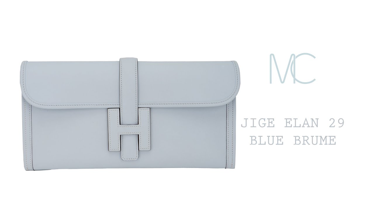 Hermes Jige Elan 29 Blue Brume Clutch Bag Evercolor Leather • MIGHTYCHIC •