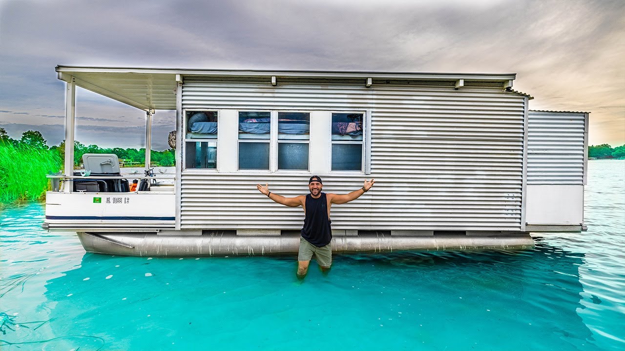 24hr FLOATING TINY HOME Catch & Cook CHALLENGE!!! (hot shower)